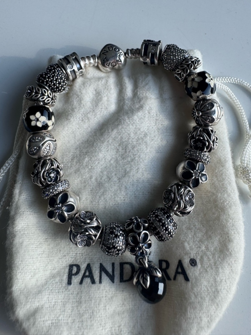Pandora Silver Bracelet with Black and White Floral Charms